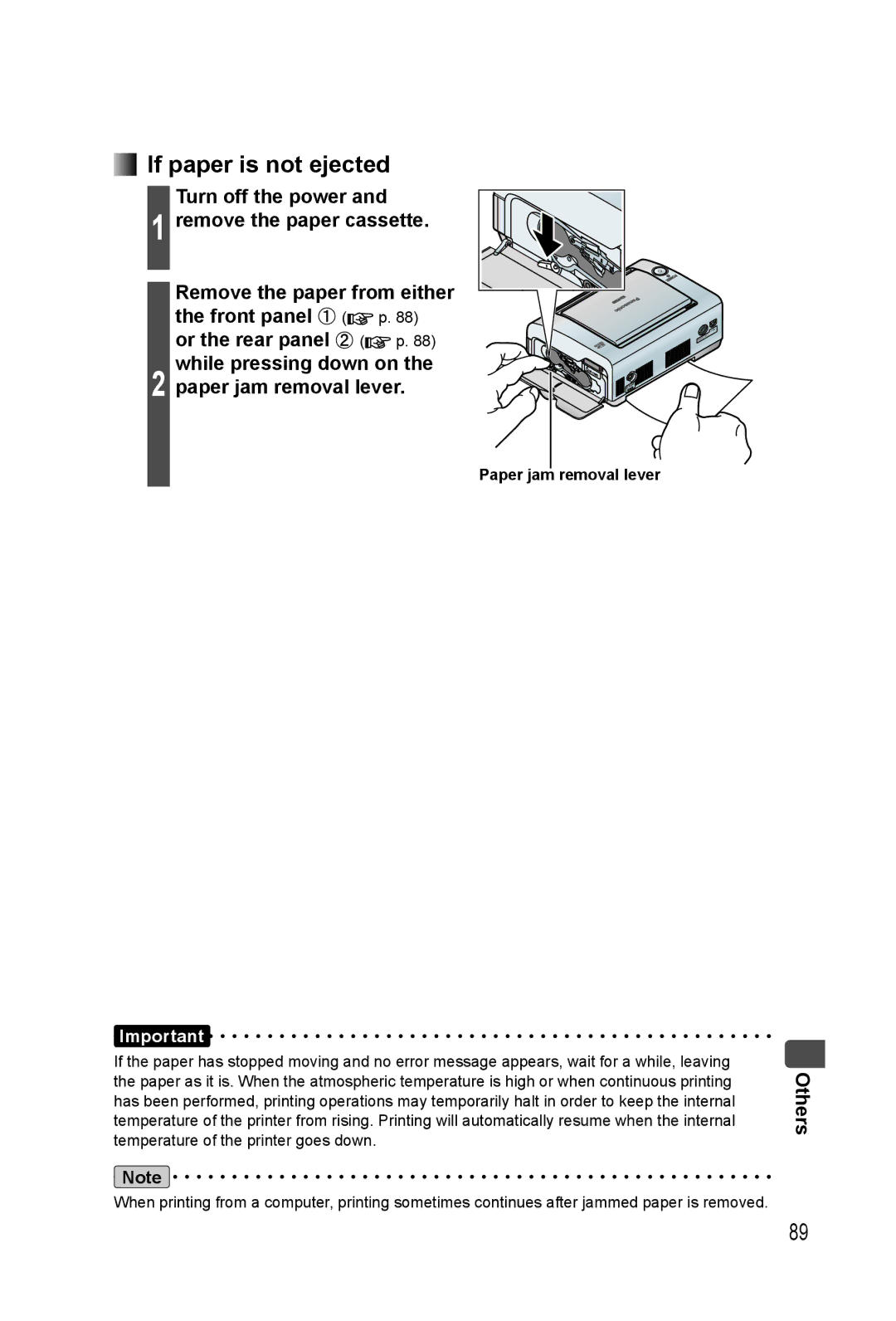 Panasonic KX-PX20M operating instructions If paper is not ejected, Paper jam removal lever 