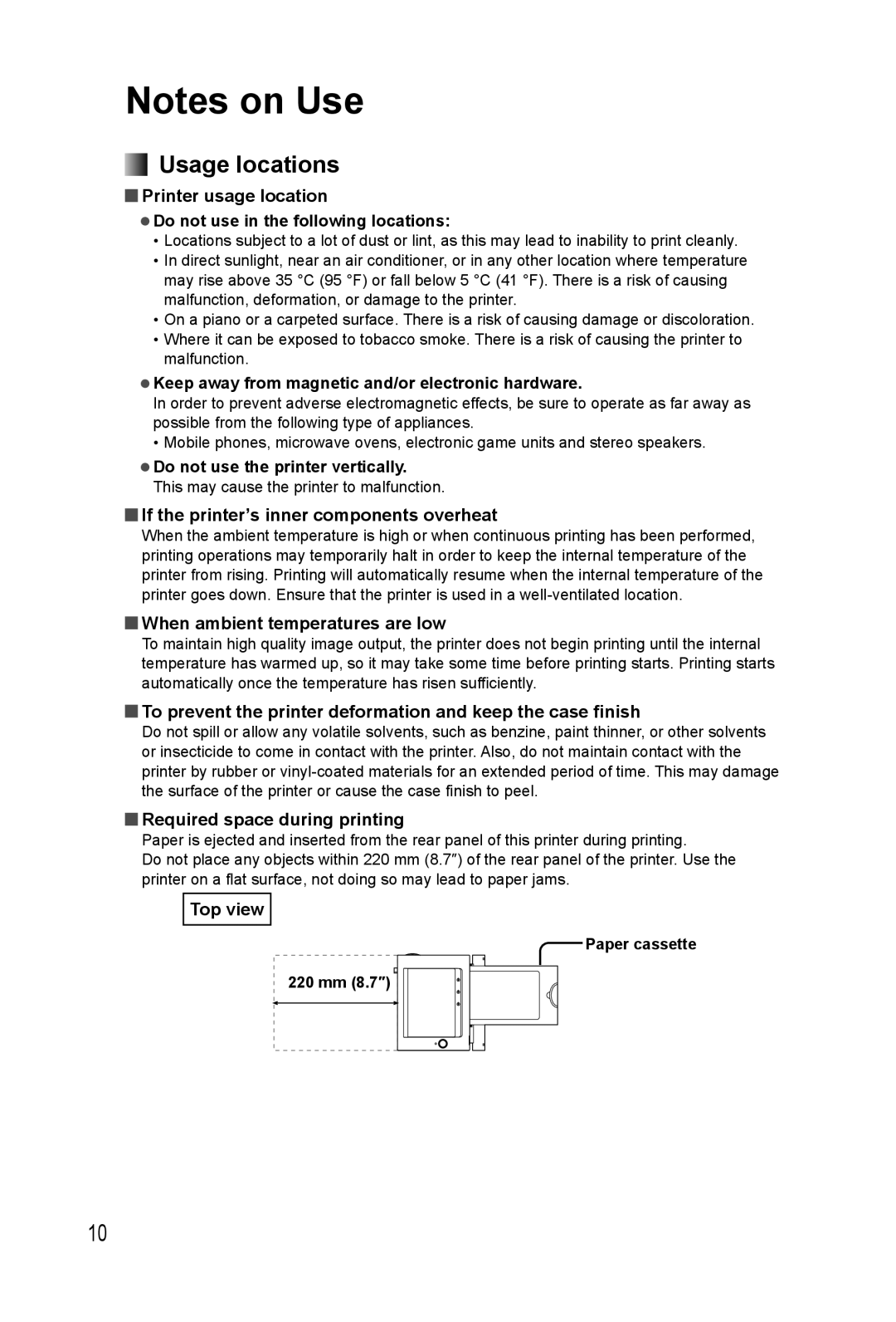Panasonic KX-PX20M operating instructions Notes on Use, Usage locations 