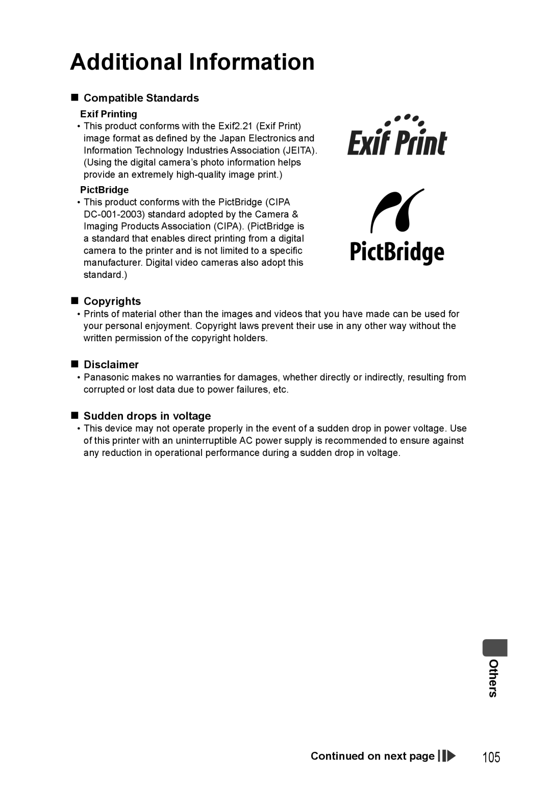 Panasonic KX-PX20M operating instructions Additional Information, Others, Exif Printing, PictBridge 