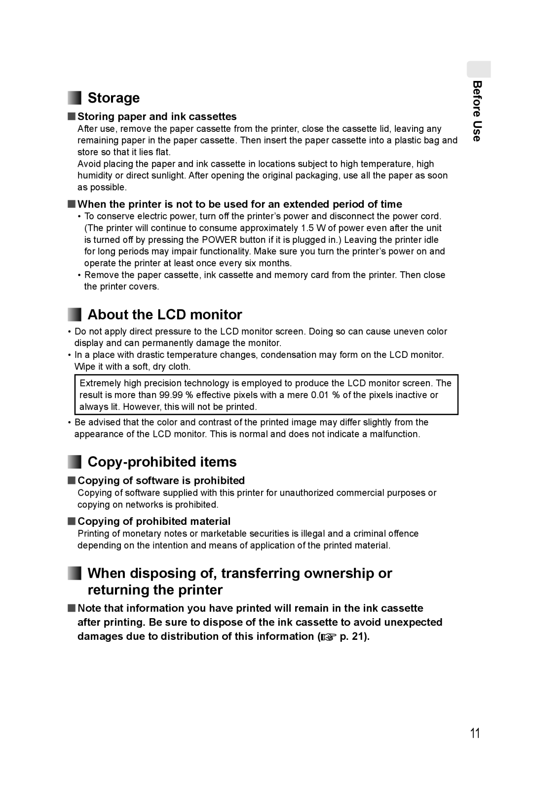 Panasonic KX-PX20M operating instructions Storage, About the LCD monitor, Copy-prohibited items, Before Use 