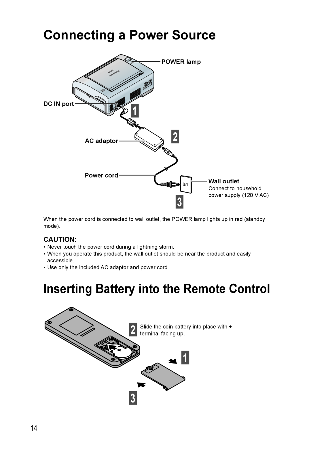 Panasonic KX-PX20M operating instructions Connecting a Power Source, Inserting Battery into the Remote Control 