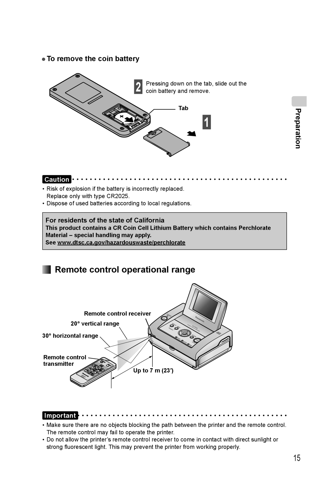 Panasonic KX-PX20M operating instructions Remote control operational range, To remove the coin battery, Preparation 