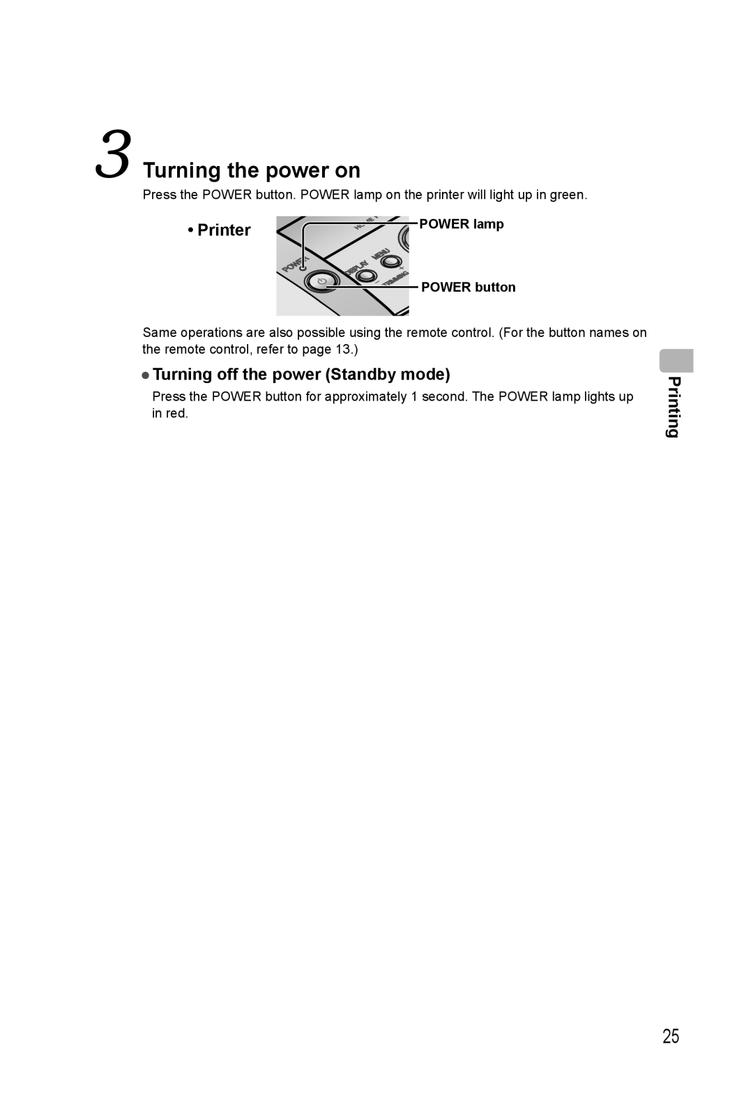 Panasonic KX-PX20M operating instructions Turning the power on, Printer, Turning off the power Standby mode, Printing 