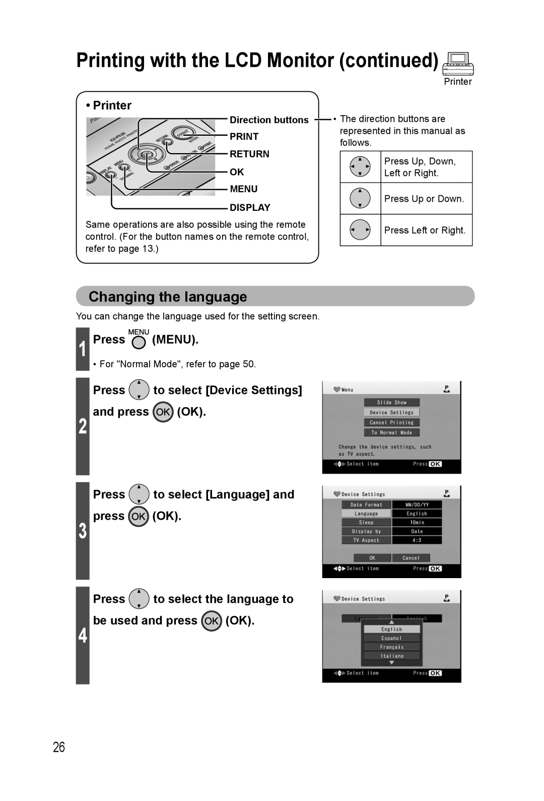 Panasonic KX-PX20M Printing with the LCD Monitor continued, Changing the language, Press MENU, Printer 