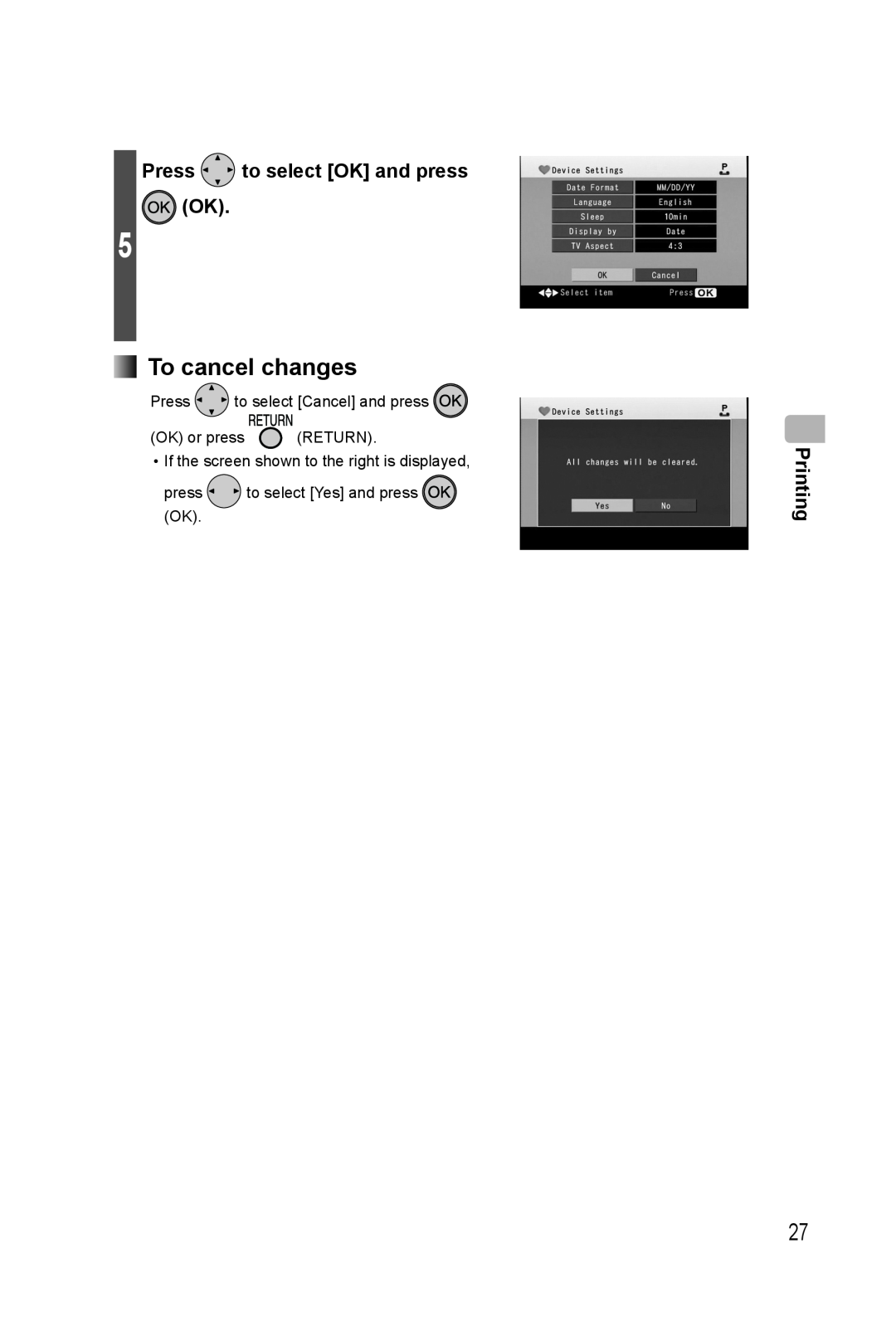 Panasonic KX-PX20M To cancel changes, Press to select OK and press OK, Printing, press to select Yes and press OK 