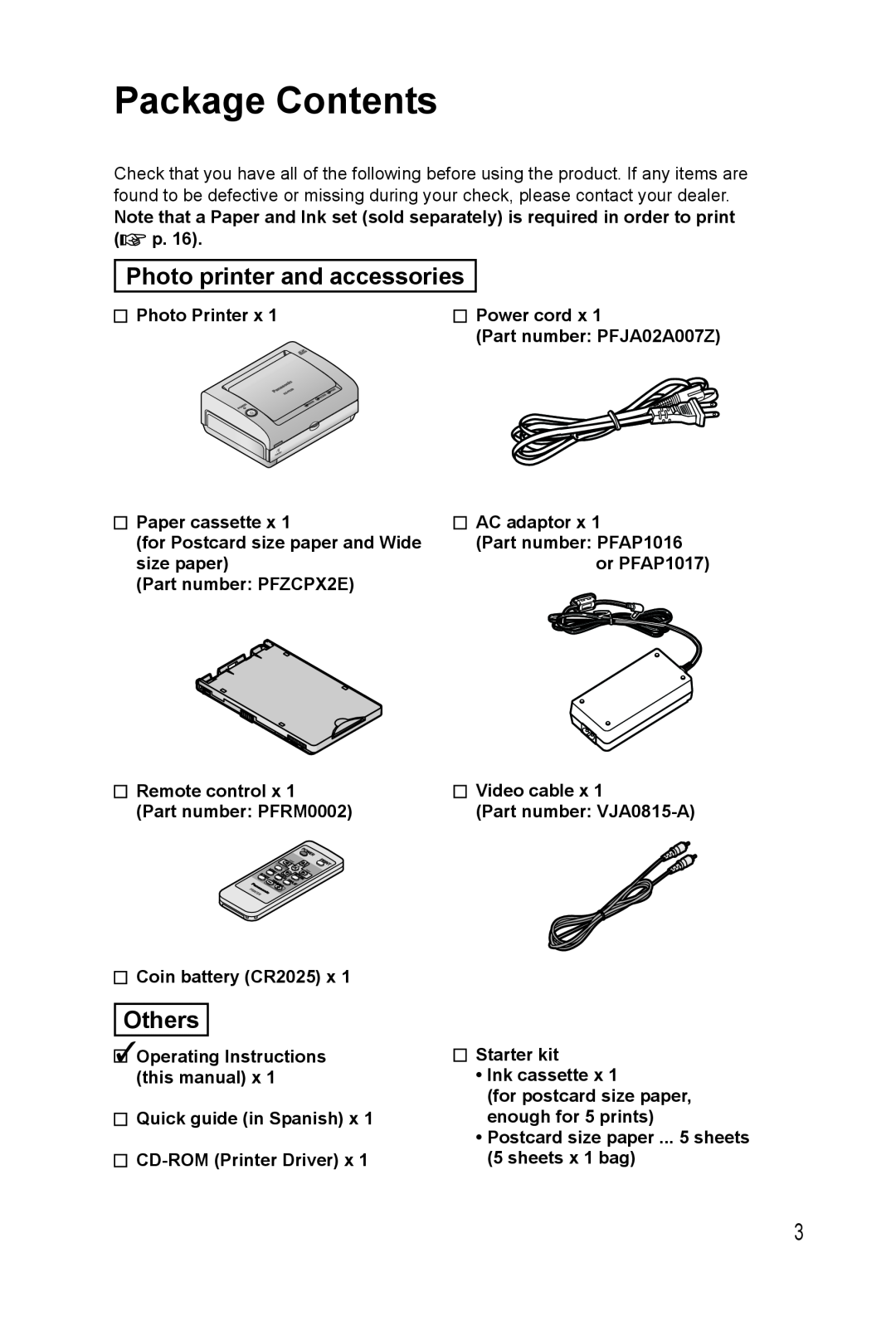 Panasonic KX-PX20M operating instructions Package Contents, Photo printer and accessories, Others 