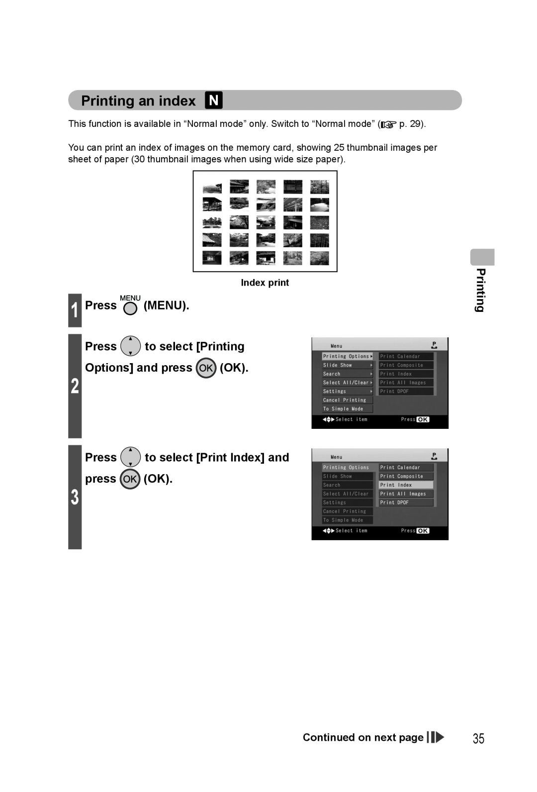 Panasonic KX-PX20M Printing an index, Press MENU Press to select Printing Options and press OK, Index print 