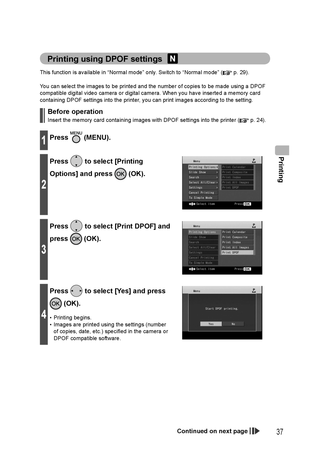 Panasonic KX-PX20M Printing using DPOF settings, Before operation, Press to select Print DPOF and press OK 