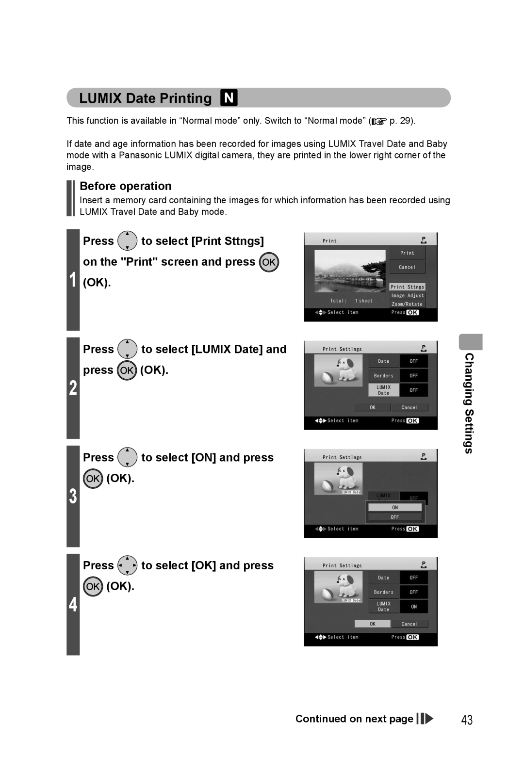 Panasonic KX-PX20M LUMIX Date Printing, Press to select Print Sttngs on the Print screen and press 1 OK, Before operation 