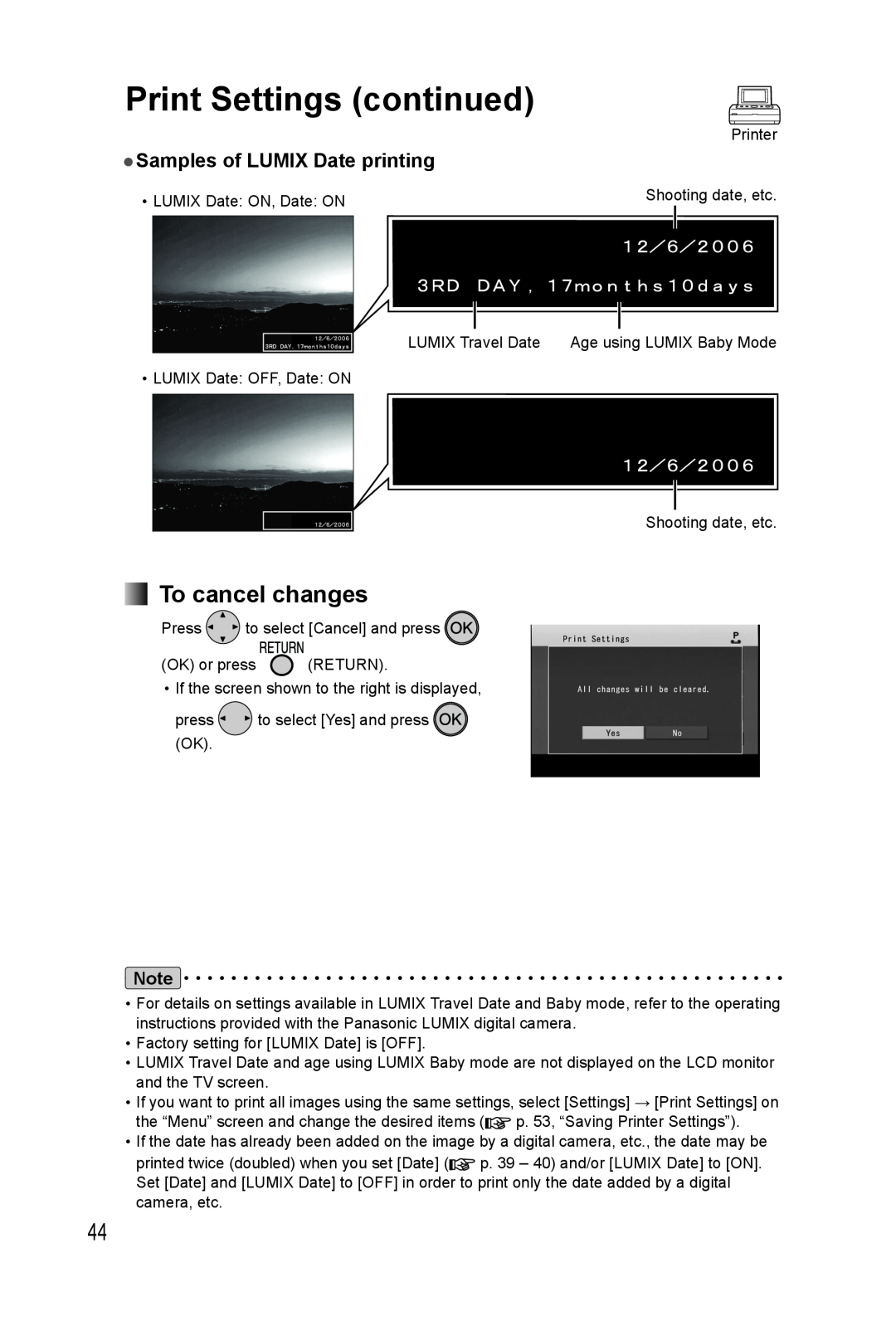 Panasonic KX-PX20M Samples of LUMIX Date printing, Print Settings continued, To cancel changes, Shooting date, etc 