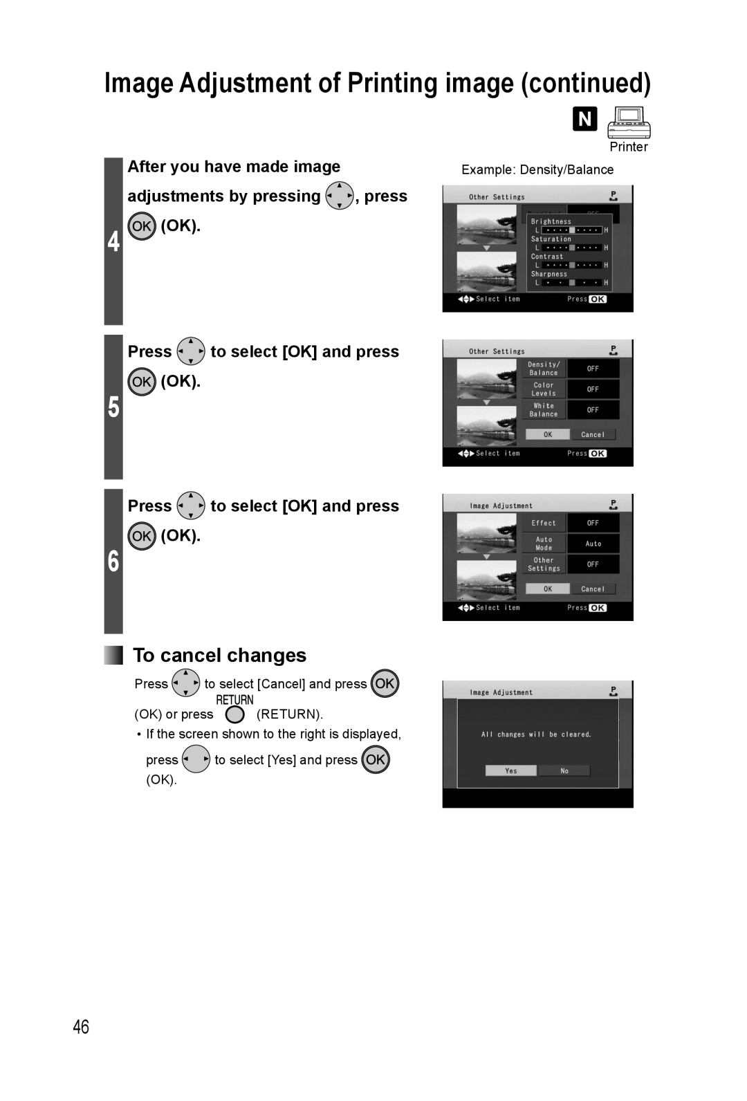 Panasonic KX-PX20M Image Adjustment of Printing image continued, To cancel changes, Press to select OK and press OK 