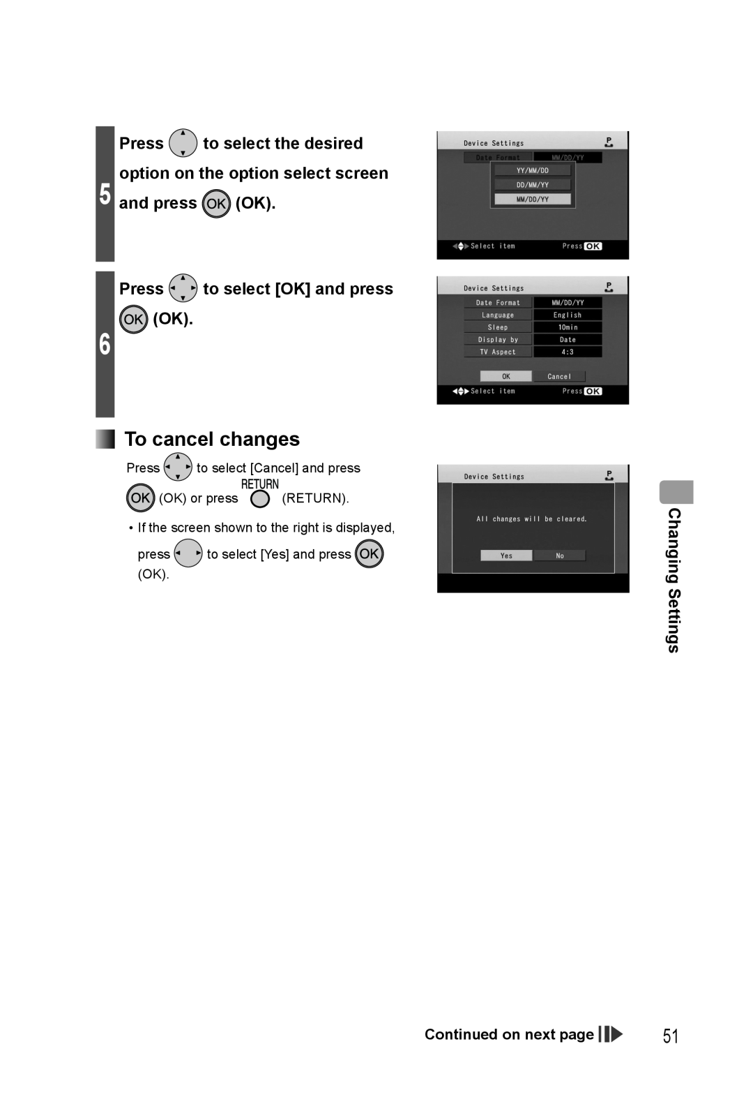 Panasonic KX-PX20M Press to select the desired option on the option select screen, To cancel changes, Changing Settings 