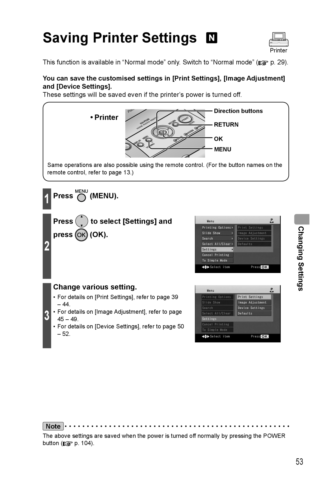 Panasonic KX-PX20M Saving Printer Settings, Change various setting, Press MENU Press to select Settings and press OK 