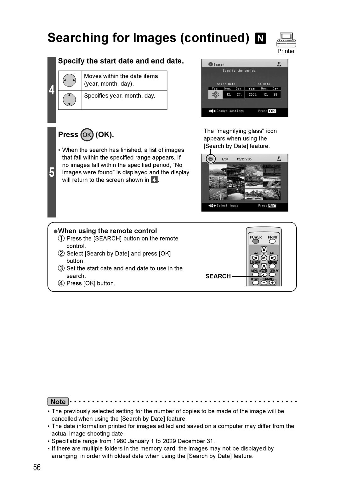 Panasonic KX-PX20M operating instructions Searching for Images continued, Specify the start date and end date, Press OK 