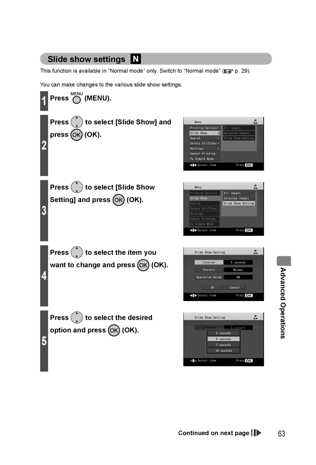 Panasonic KX-PX20M Slide show settings, Press to select Slide Show Setting and press OK, Advanced Operations 