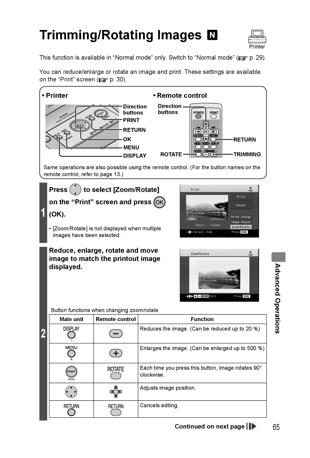 Panasonic KX-PX20M operating instructions Trimming/Rotating Images, Remote control, Printer, Advanced Operations 