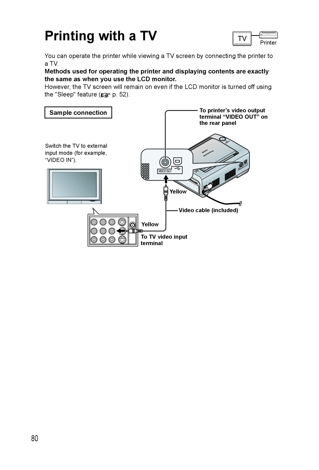 Panasonic KX-PX20M Printing with a TV, To printer’s video output terminal “VIDEO OUT” on the rear panel 