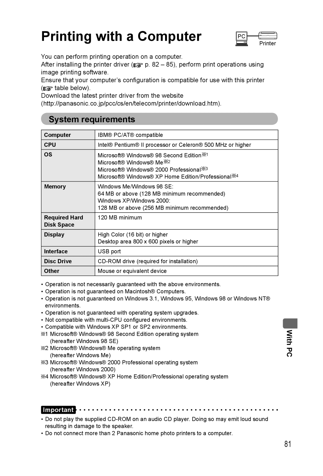 Panasonic KX-PX20M operating instructions Printing with a Computer, System requirements, With PC 