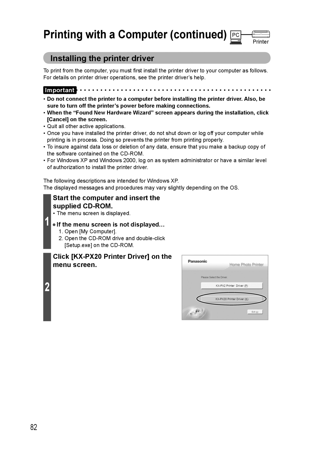 Panasonic KX-PX20M operating instructions Printing with a Computer continued PC, Installing the printer driver 