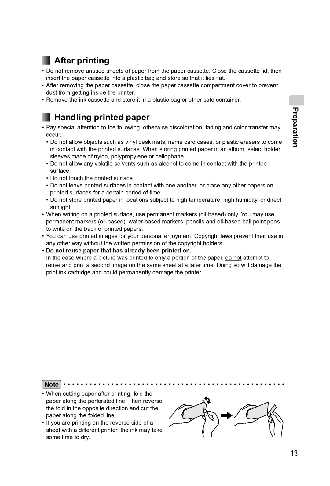 Panasonic KX-PX2M After printing, Handling printed paper, Preparation, Do not reuse paper that has already been printed on 