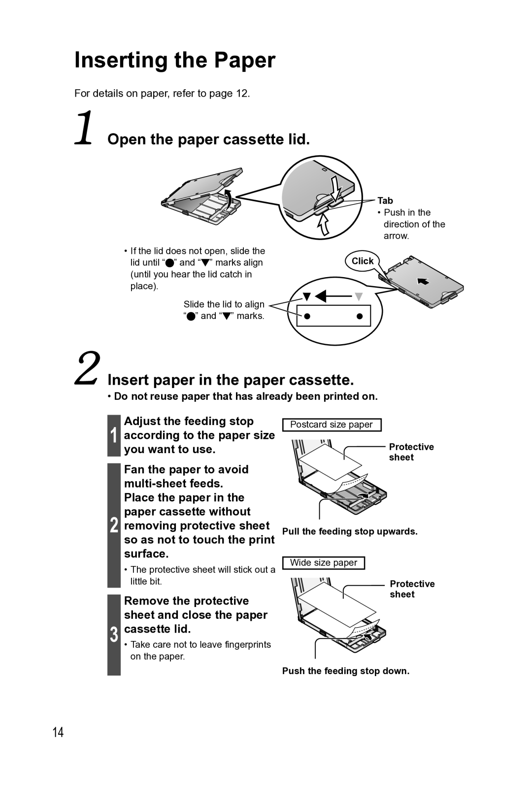 Panasonic KX-PX2M operating instructions Inserting the Paper, Do not reuse paper that has already been printed on, Tab 