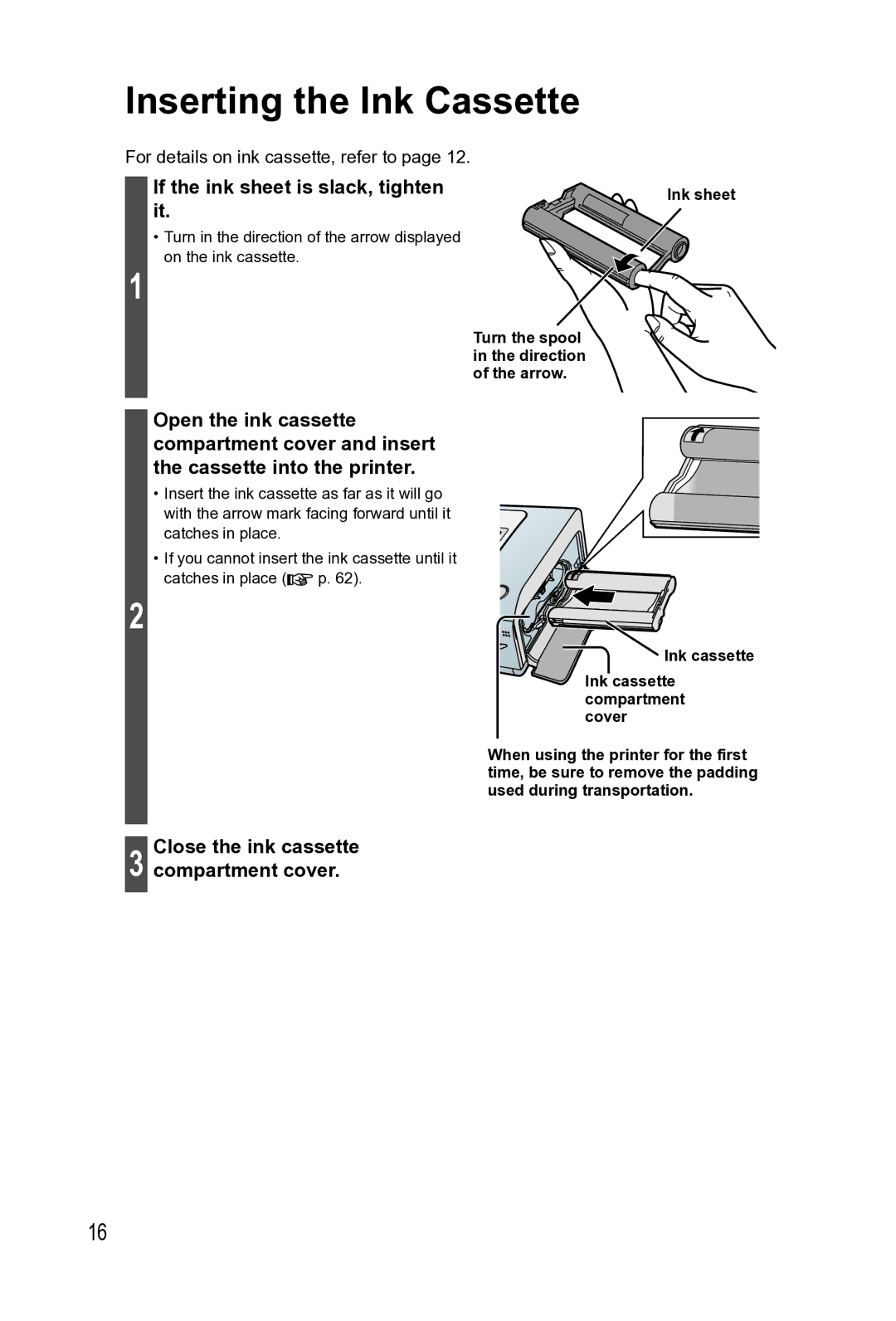 Panasonic KX-PX2M Inserting the Ink Cassette, If the ink sheet is slack, tighten it, Ink sheet, Ink cassette 