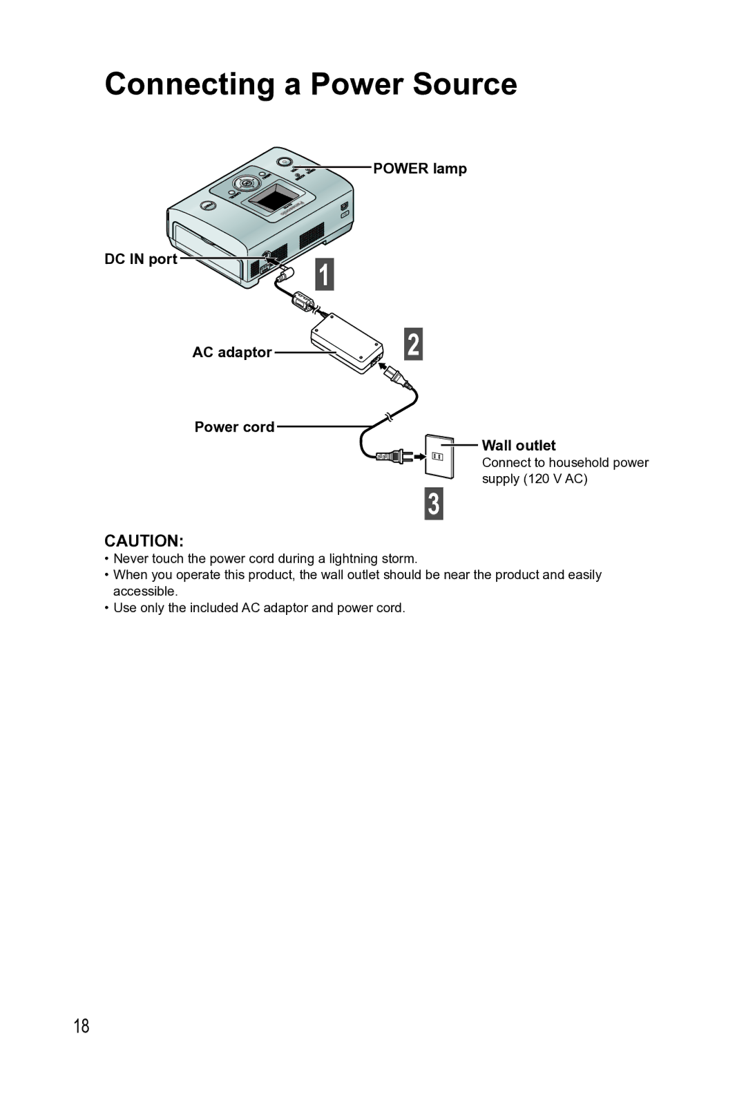 Panasonic KX-PX2M operating instructions Connecting a Power Source, Power lamp DC in port AC adaptor Power cord Wall outlet 