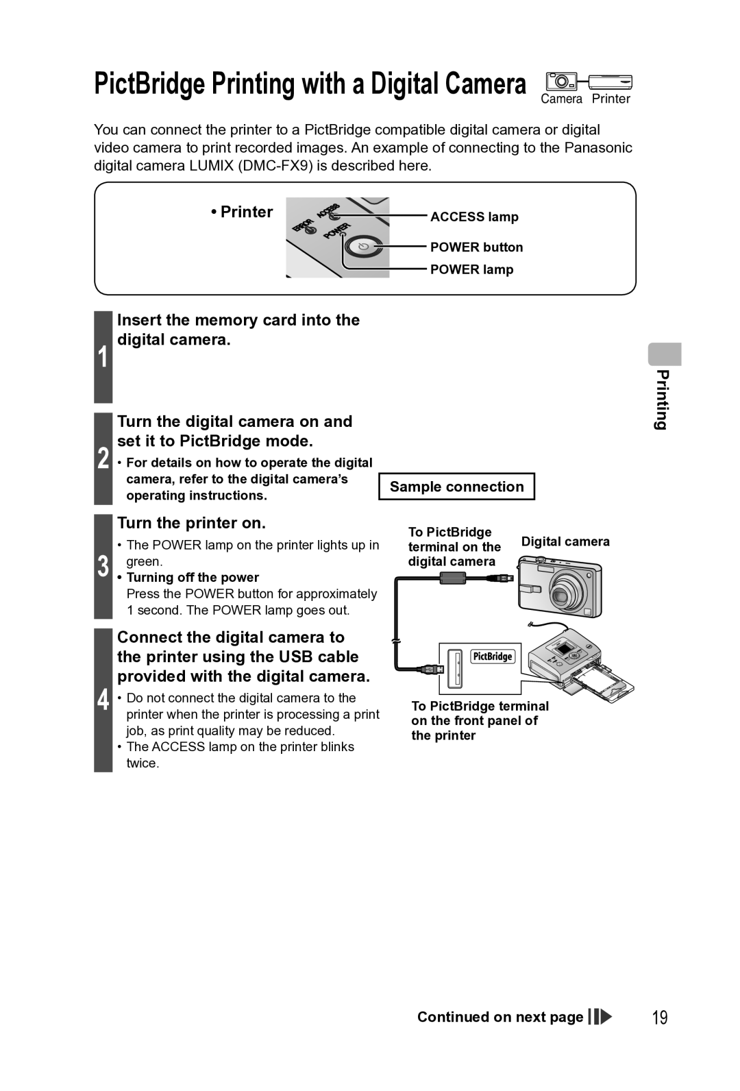 Panasonic KX-PX2M operating instructions Printer, Turn the printer on, Sample connection 