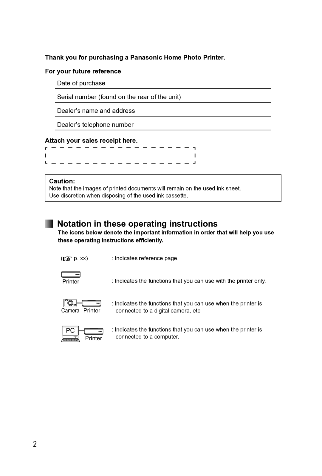 Panasonic KX-PX2M Notation in these operating instructions, Attach your sales receipt here 