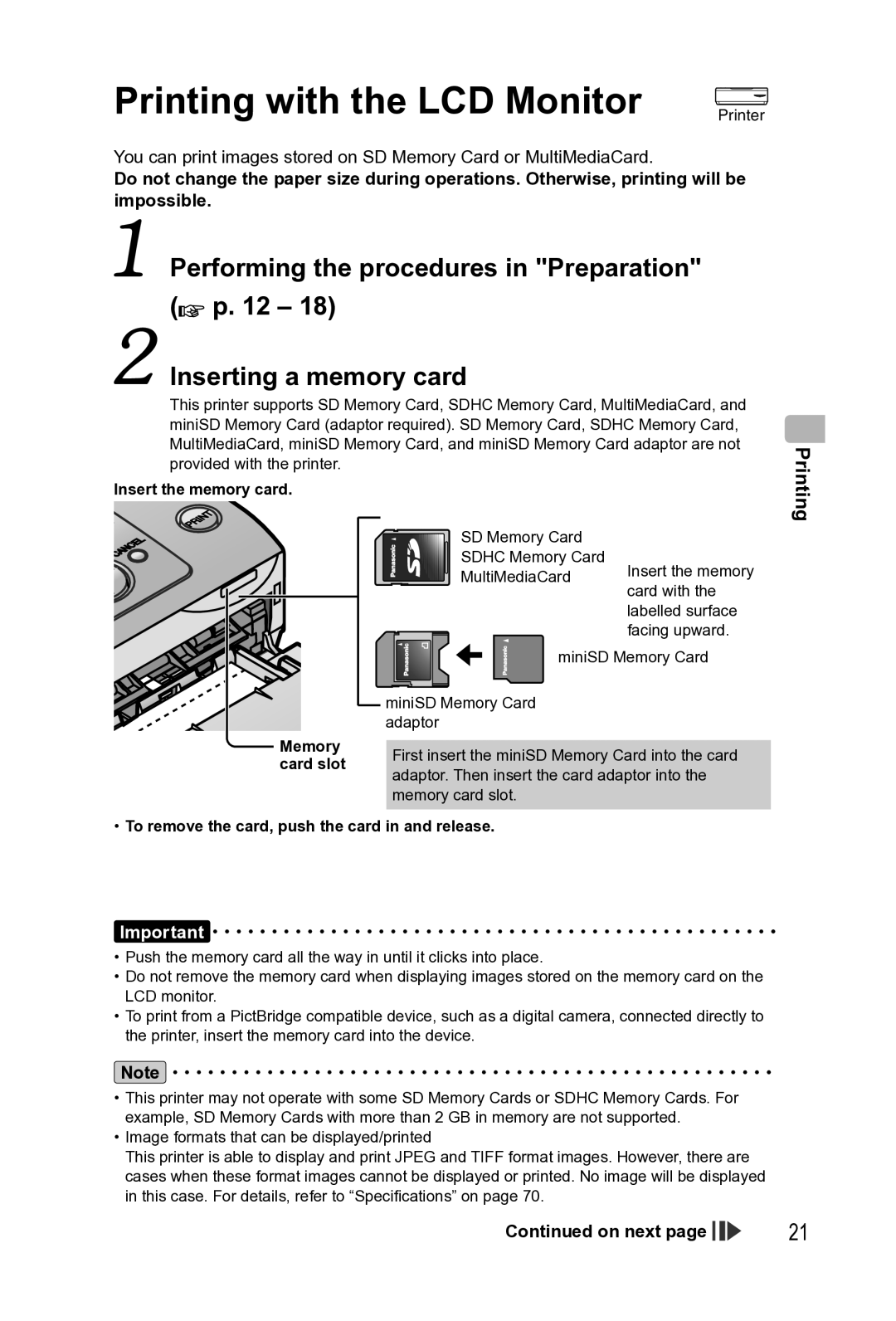 Panasonic KX-PX2M operating instructions Printing with the LCD Monitor, Insert the memory card, Memory, Card slot 