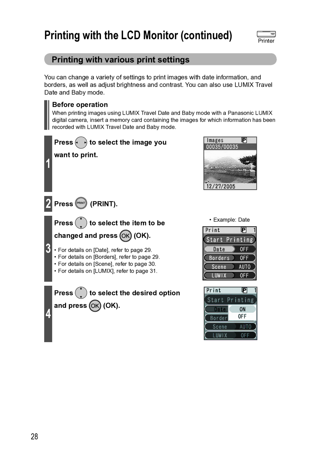 Panasonic KX-PX2M Printing with various print settings, Before operation, Press to select the desired option Press OK 