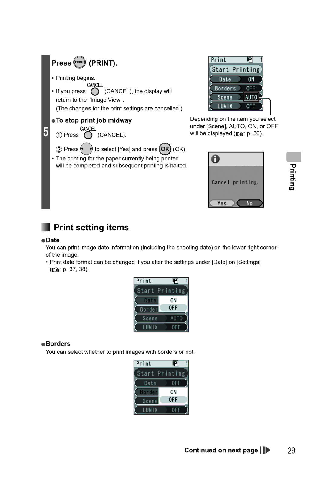 Panasonic KX-PX2M operating instructions Print setting items, Date, Borders 