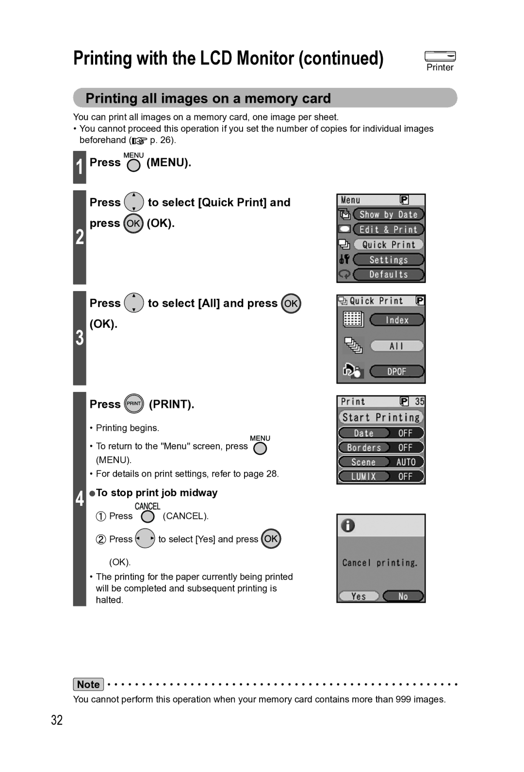 Panasonic KX-PX2M operating instructions Printing all images on a memory card, To stop print job midway 