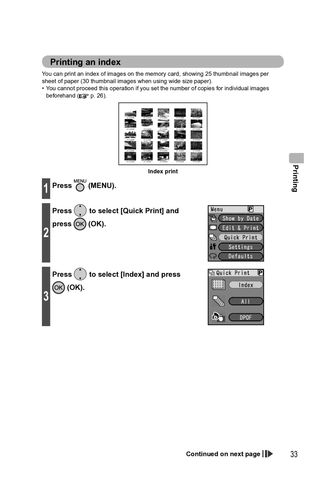 Panasonic KX-PX2M operating instructions Printing an index, Index print 