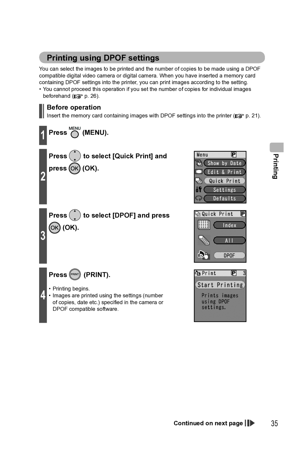 Panasonic KX-PX2M operating instructions Printing using Dpof settings, Before operation 