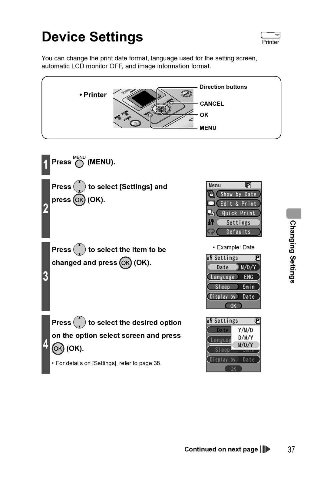 Panasonic KX-PX2M operating instructions Device Settings, Changing Settings, Direction buttons, Example Date 