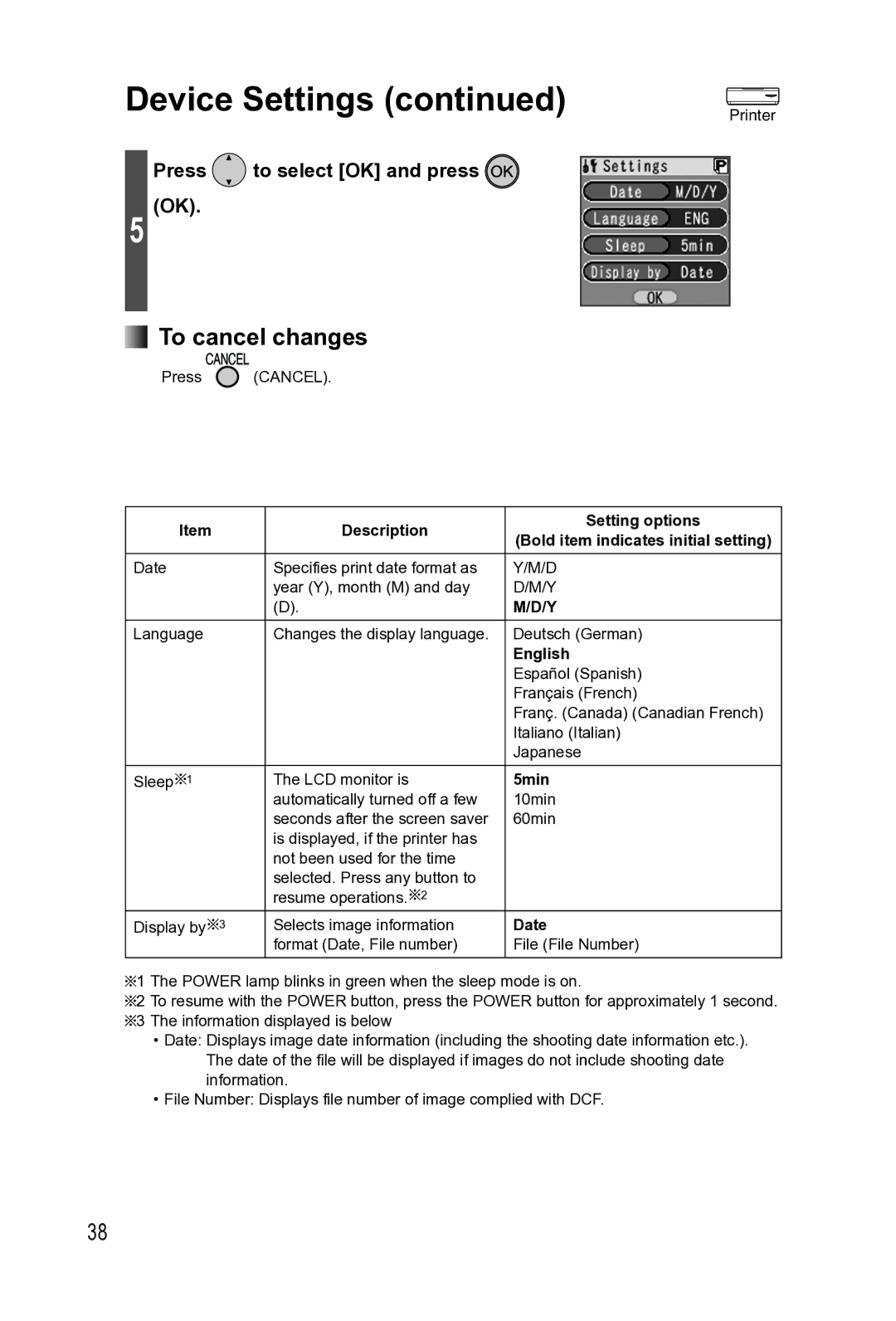 Panasonic KX-PX2M operating instructions Device Settings, Press to select OK and press 5 OK 