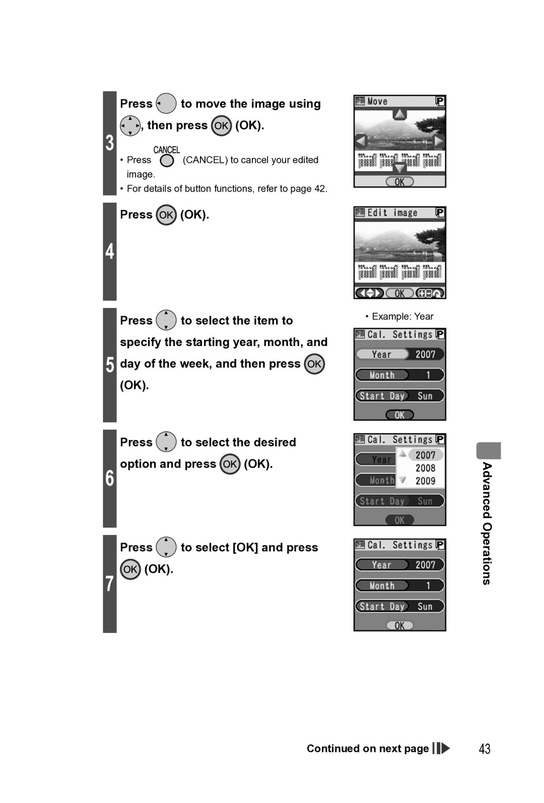 Panasonic KX-PX2M Press to move the image using Then press OK, Press OK To select the item to, Example Year 