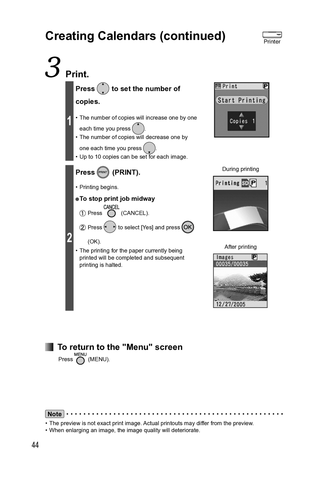 Panasonic KX-PX2M operating instructions Print, To return to the Menu screen 