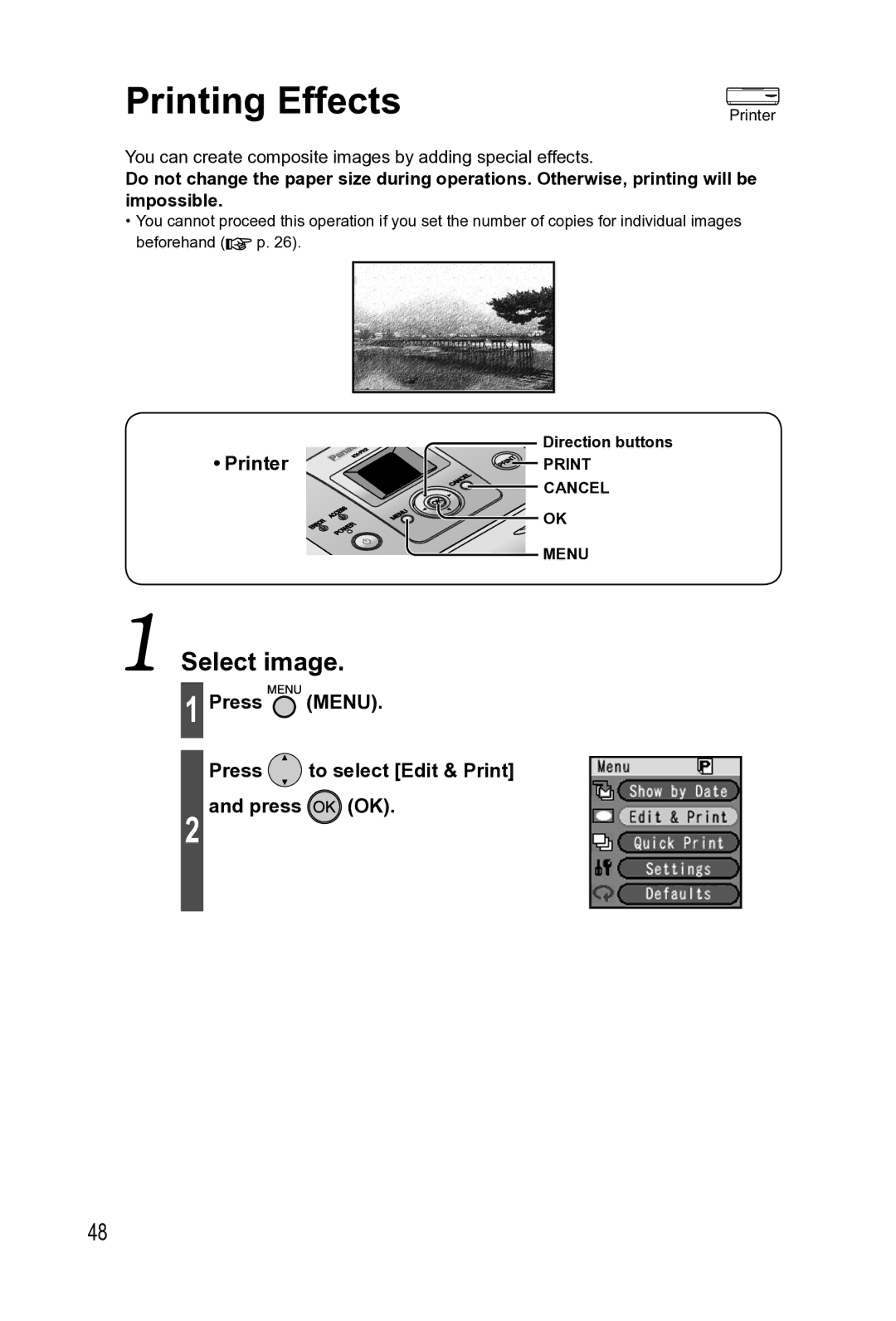 Panasonic KX-PX2M operating instructions Printing Effects, Press Menu Press to select Edit & Print Press OK 