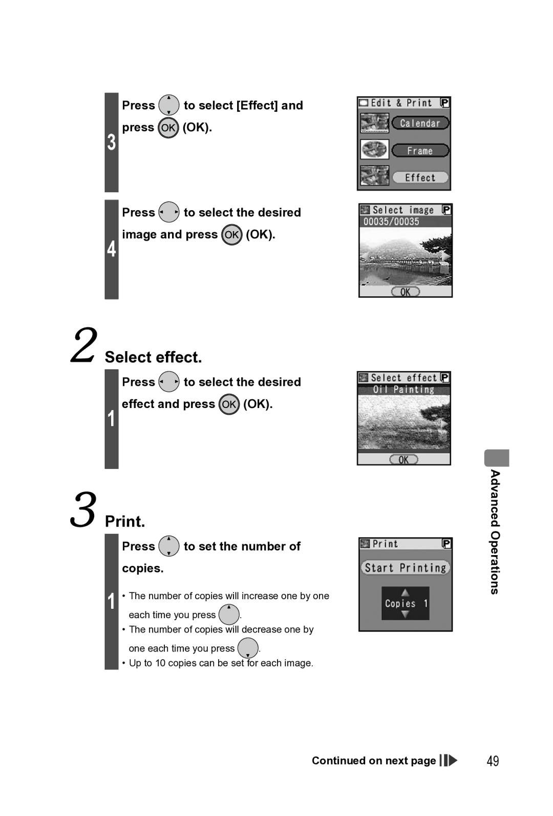 Panasonic KX-PX2M operating instructions Press to select the desired Effect and press OK, On next 