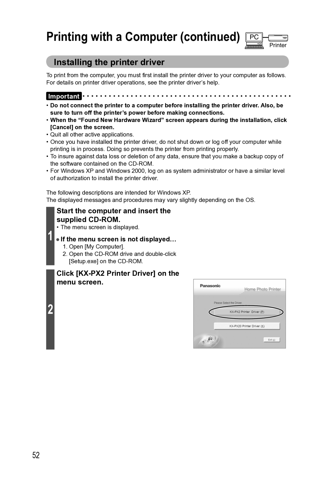 Panasonic KX-PX2M Printing with a Computer PC, Installing the printer driver, If the menu screen is not displayed… 