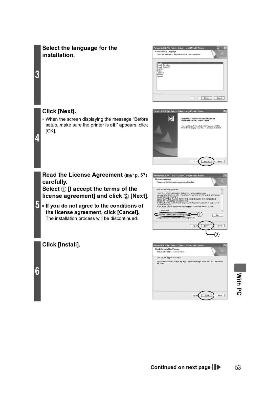 Panasonic KX-PX2M operating instructions Select the language for the installation Click Next, Click Install WithPC 