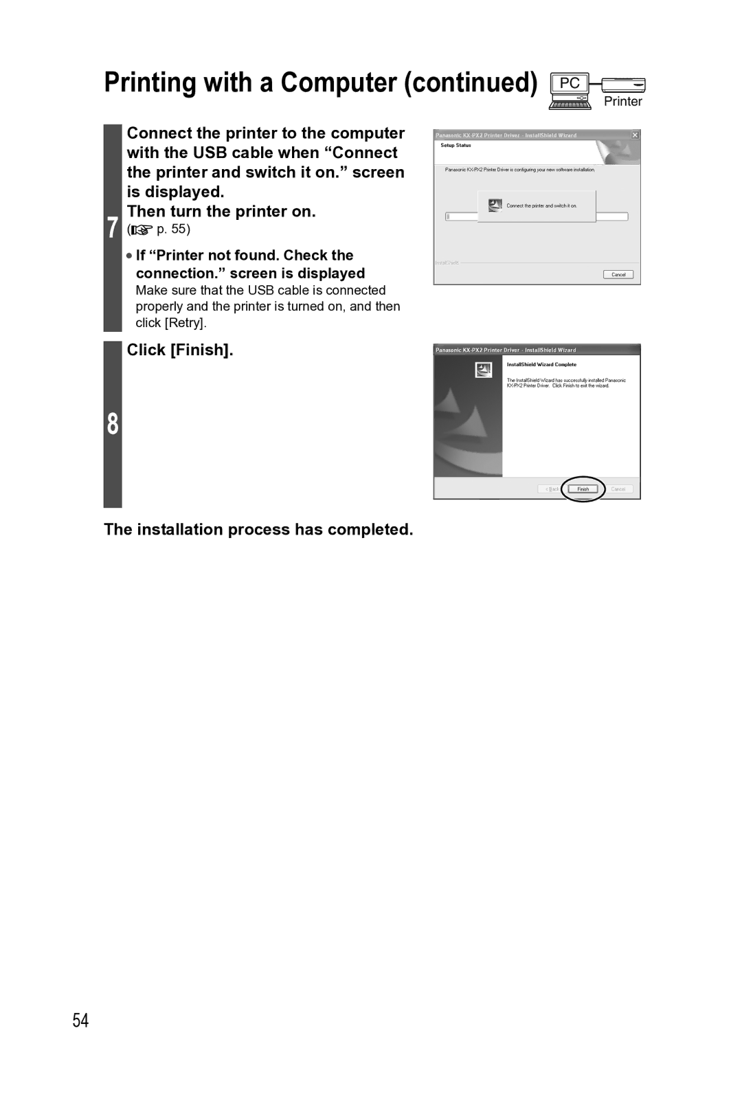 Panasonic KX-PX2M operating instructions Click Finish Installation process has completed 