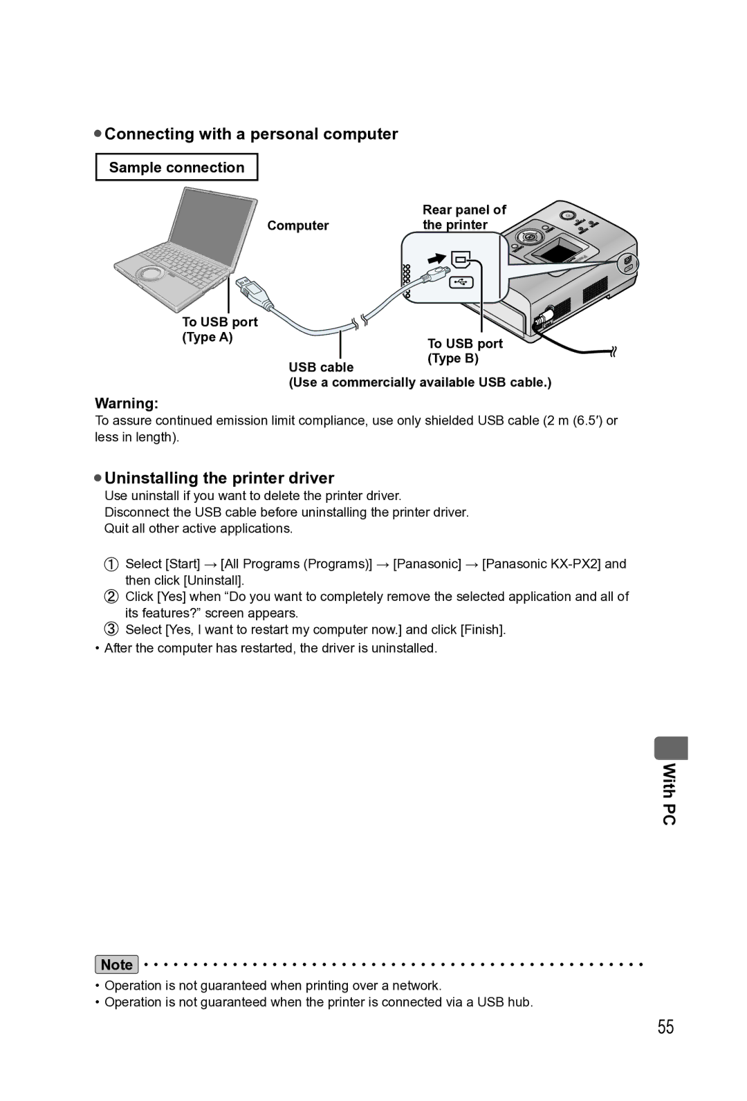 Panasonic KX-PX2M operating instructions Connecting with a personal computer, Uninstalling the printer driver 