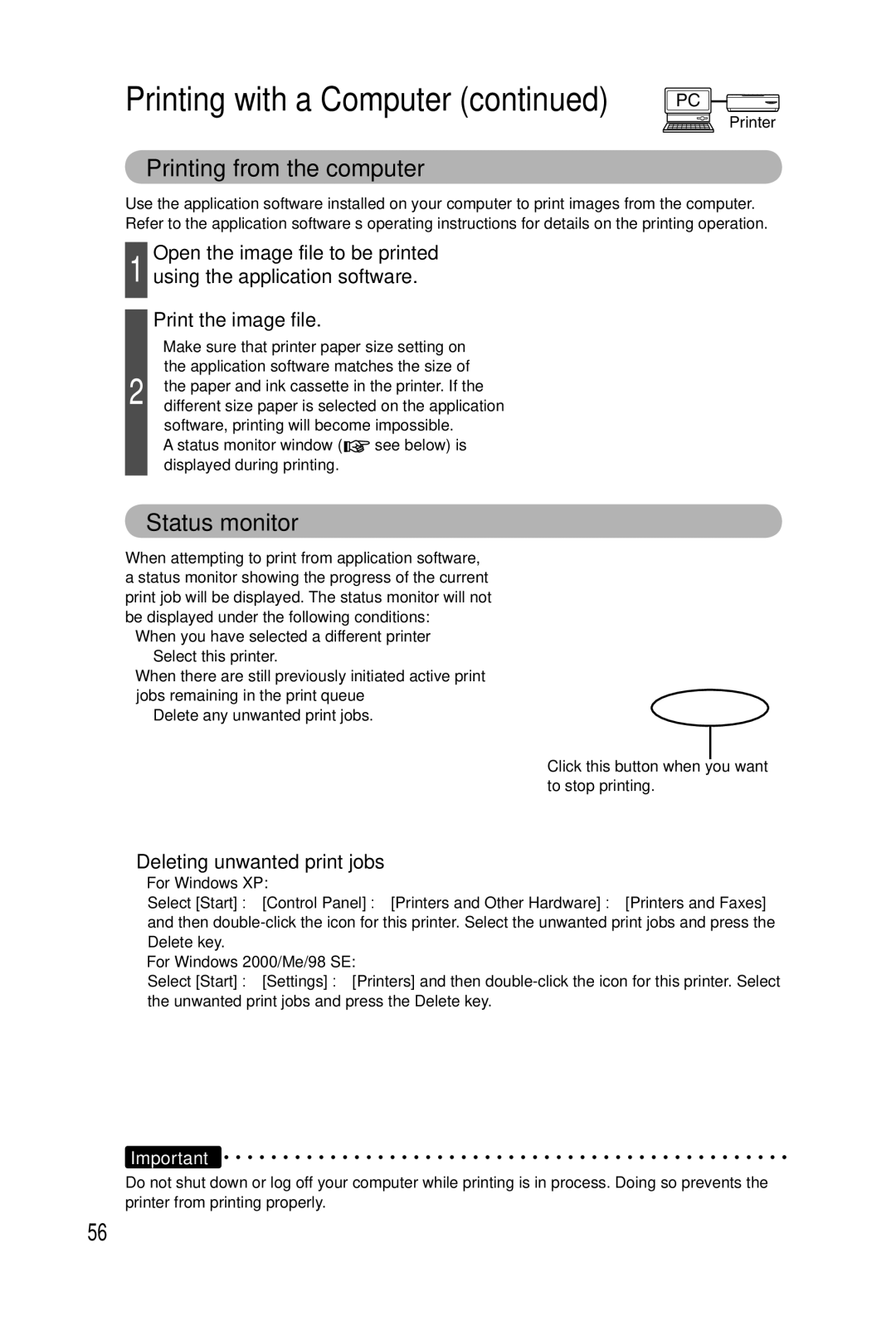 Panasonic KX-PX2M operating instructions Printing from the computer, Status monitor, Deleting unwanted print jobs 