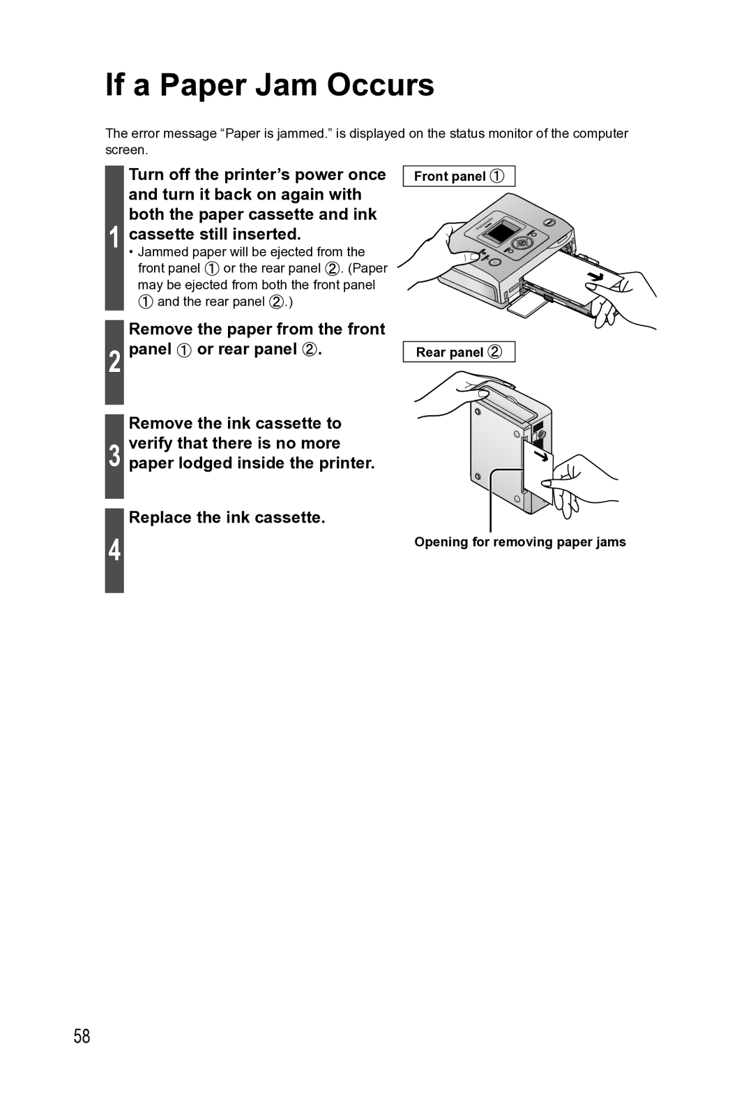 Panasonic KX-PX2M operating instructions If a Paper Jam Occurs, Front panel Rear panel Opening for removing paper jams 