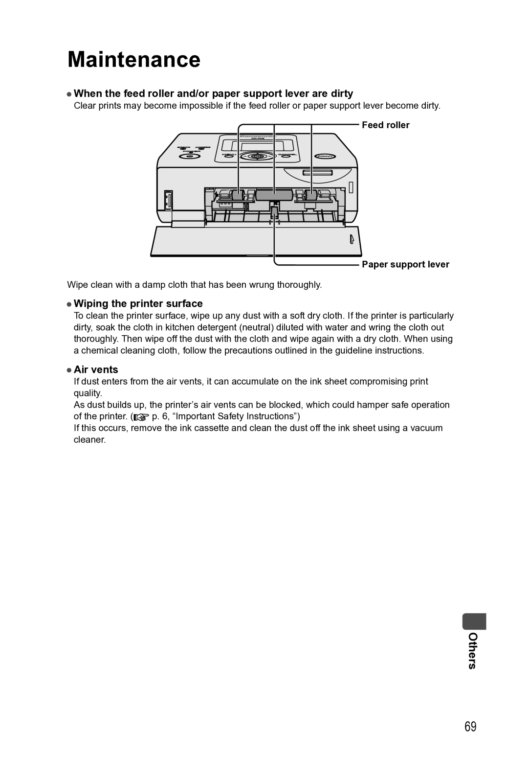 Panasonic KX-PX2M Maintenance, When the feed roller and/or paper support lever are dirty, Wiping the printer surface 