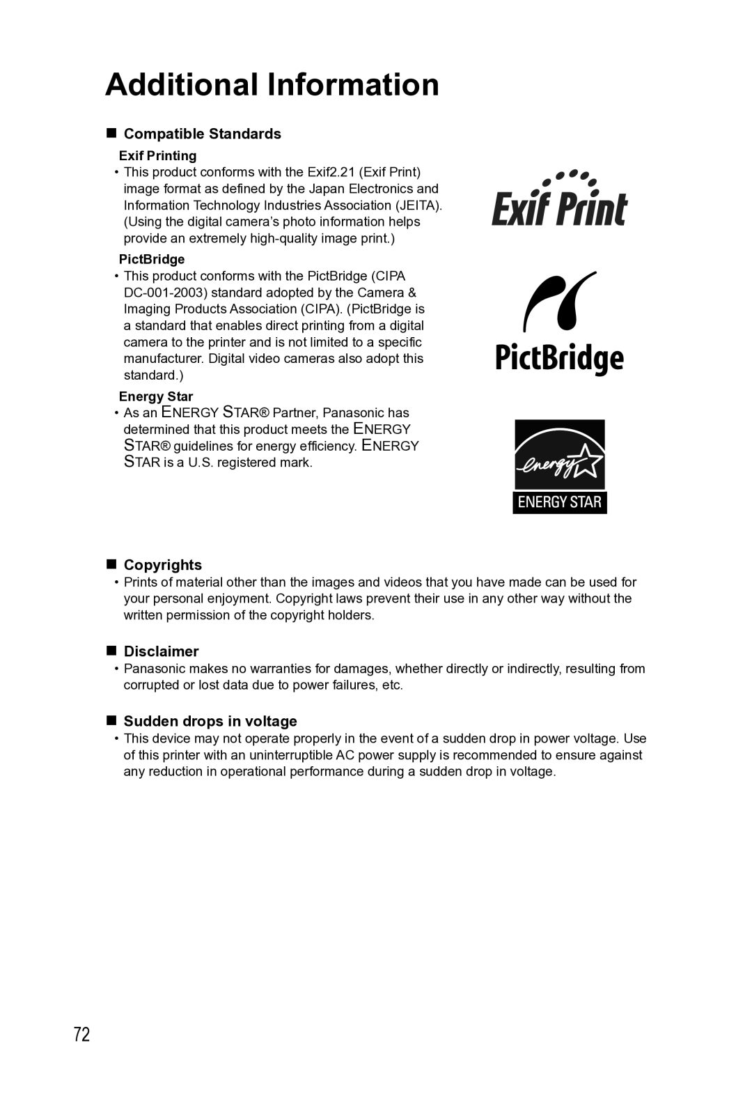 Panasonic KX-PX2M Additional Information, Compatible Standards, Copyrights, Disclaimer, Sudden drops in voltage 