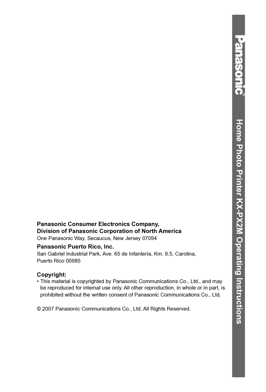 Panasonic KX-PX2M operating instructions Panasonic Puerto Rico, Inc, Copyright 